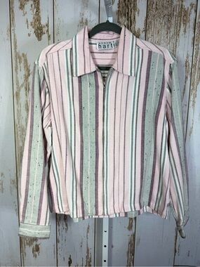 KEREN hart Pastel Pink, Grey & Mauve Flannel Striped Zip Blazer. Size Large.